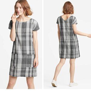 Eileen Fisher Organic Linen Cotton Plaid V-Back Mini Dress Size LP 47823